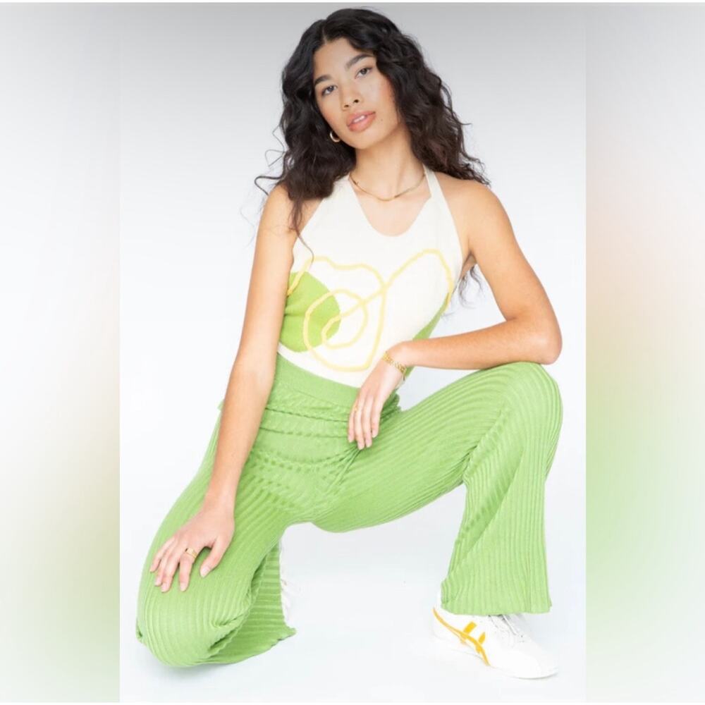 Revolve Callahan Ribbed Flared Pants Light Green Cotton Wide Leg Size XS New